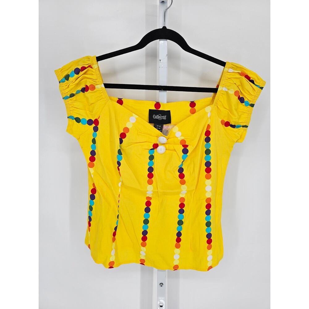 Collectif London Womens Sz 14 Pinup 1950s Style Top Bright Yellow Dot Print